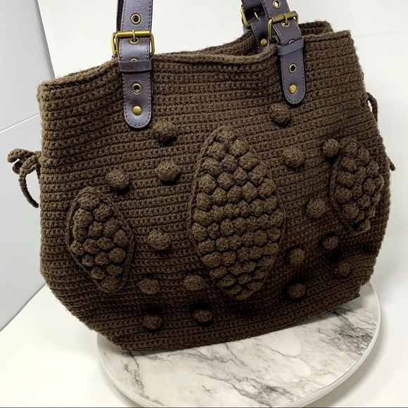 The Sak Pink Label Knitted Brown bobble textured tote bag  grannycore Bohemian - Picture 15 of 16